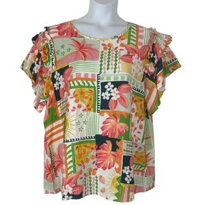 Chic Soul Multicolor Floral Patchwork ruffle sleeve Blouse SKU1017